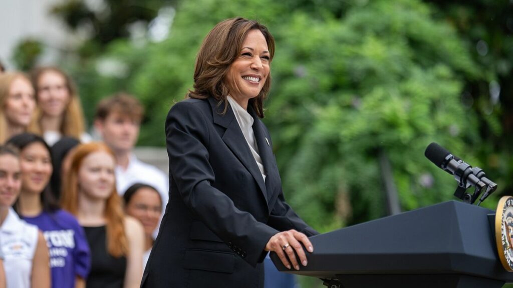 Vice President Kamala Harris speaks at a White House NCAA Sports Day event, Monday, July 22, 2024, on the South Lawn of the White House. (Official White House Photo by Lawrence Jackson)